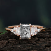 1 Carat Emerald Cut Black Rutilated Quartz Engagement Ring Classic Side Stone Wedding Ring